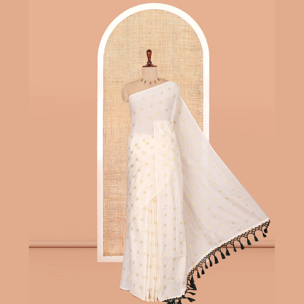 Pothys Borderless Cream Kerala Cotton Saree, Steeped with Zari Buttas, a Self-Pallu, and a Matching Blouse
